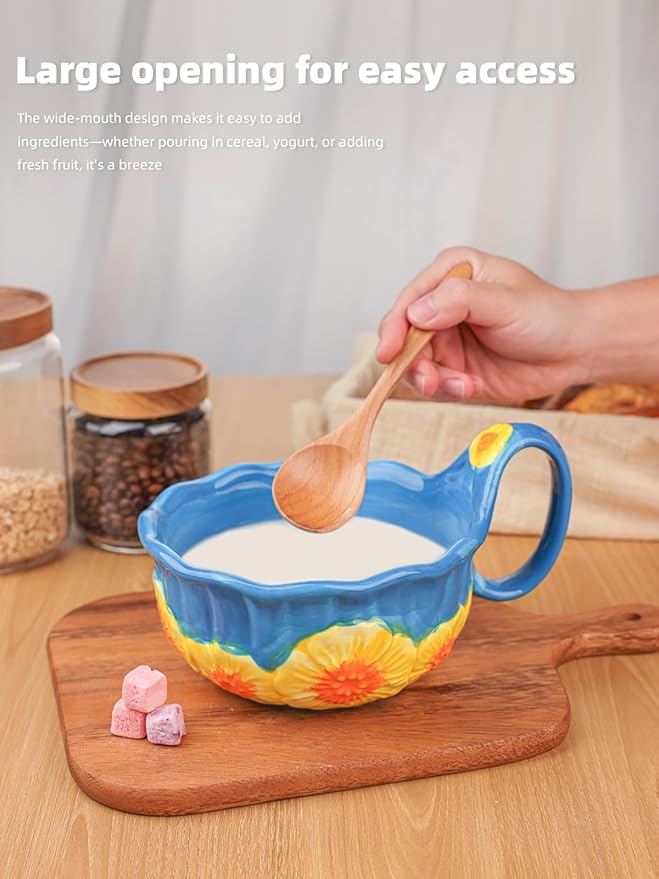 silesia Handmade Ceramic Soup Bowl, 30 oz Hand Painted Bowl with Loop Handle, Floral Design Cereal Bowl for Soup, Ice cream, Snack, Microwave & Dishwasher Safe (Dark Blue)