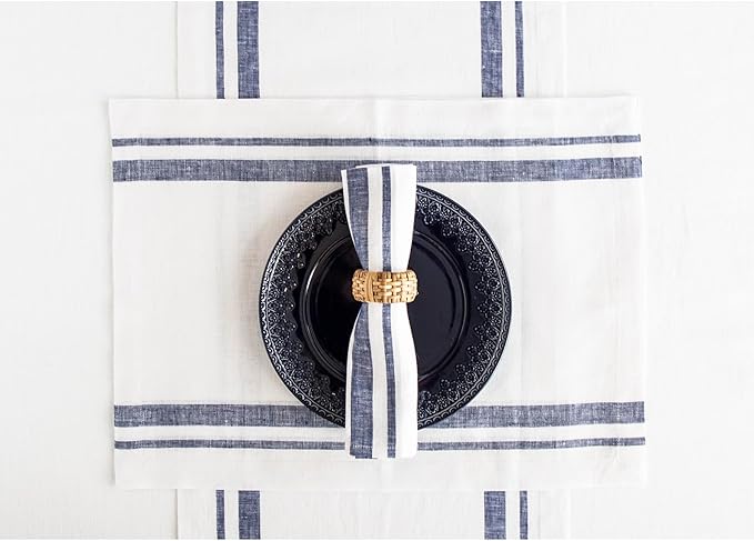 Solino Home Linen Placemats Set of 4 - French Stripe Navy and White Placemats 14 x 19 Inch - 100% Pure Linen Table Mats for Holiday, Winter