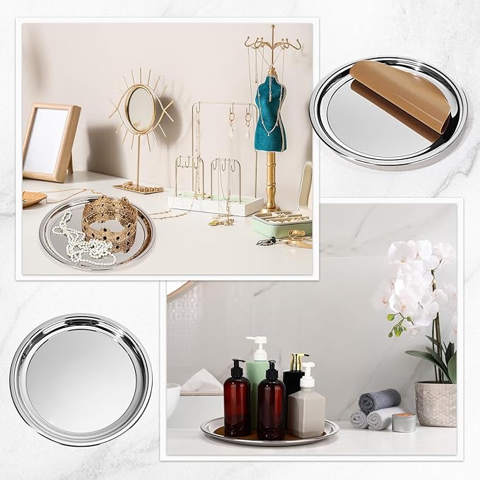 LemonRoad 2 Set Round Silver Mirror Decorative Tray 14.17 Inches Stainless Steel Metal Serving Tray Mirrored Finish Circular Bar Platter with Anti Slip Mat Vanity Kitchen Organizer for Home