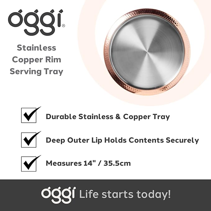 OGGI Round Stainless Steel Tray with Copper Rim 14" - Ideal for Coffee Table, Decorative, Tea and Bar Serving
