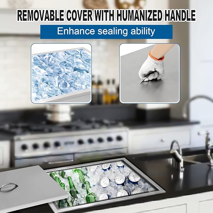 Drop in Ice Chest with Cover Stainless Steel Ice Cooler Included Drain-Pipe and Drain Plug Drop in Ice Bin Outdoor Kitchen for Cold Wine Beverage