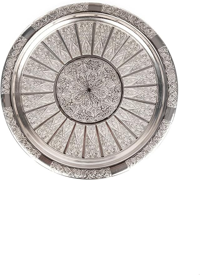 Handcrafted Turkish Copper Serving Tray with Silver Embroidery - 22 cm (8.7 inch) Traditional Gaziantep Design, 3mm Thick