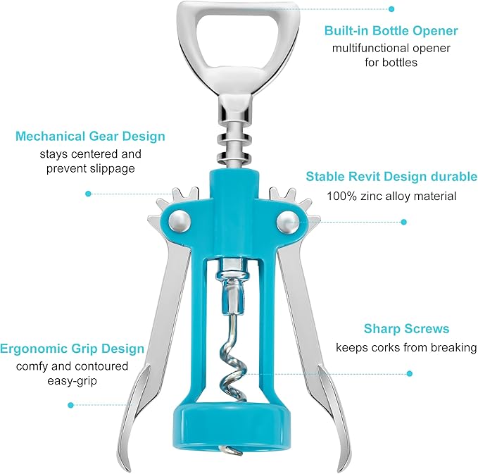 Wine Opener,Multifunctional Bottles Opener Zinc Alloy Corkscrew Wine Opener with Ergonomic Wing Handle (light blue)