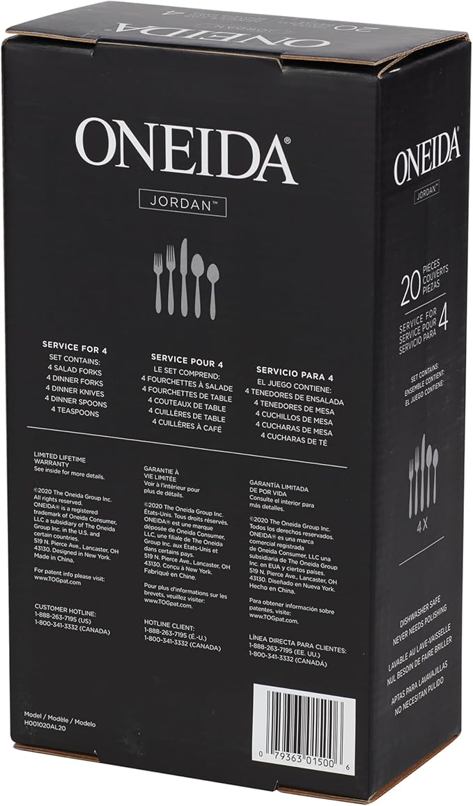 Oneida Jordan 20 Piece Everyday, Service for 4 Flatware, 10.4 inches, Silverware Set
