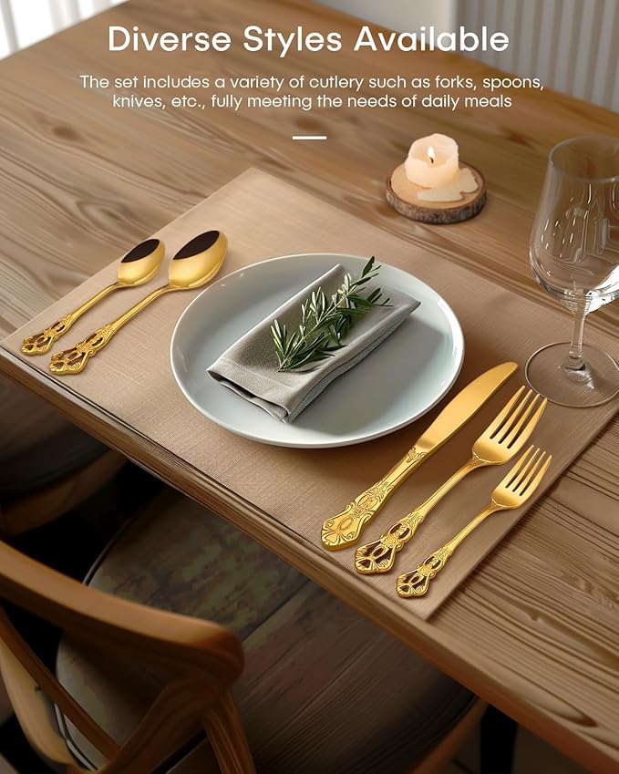 Gold Silverware Set, Ollex 20-piece Vintage Silverware Set for 4 with Stainless Steel Knives Spoons Forks Retro Royal Flatware Set for Dairy Kitchen Party Gold Utensils Set, Dishwasher Safe