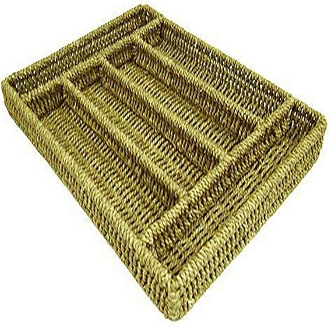 Green 6 Compartment Natural Seagrass Silverware Food Serving Tray | Decorative Tray for Ottoman - 16" x 12" x 2"
