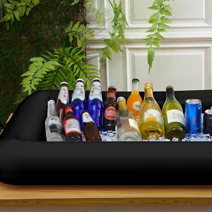 Large Inflatable Serving Bar 72 x 30 x 5'' Inflatable Ice Serving Buffet Bar Inflatable Cooler Ice Buffet Salad Serving Trays with Drain Plug for Pool Outdoor Party Picnic(Black,1 Pack)