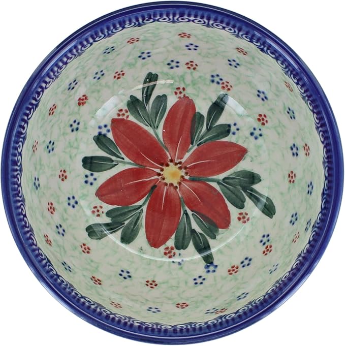 Blue Rose Polish Pottery - Green Poinsettia Dessert Bowl - 5" Diameter - Festive Christmas Design, Perfect for Ice Cream, Candy or Holiday Desserts