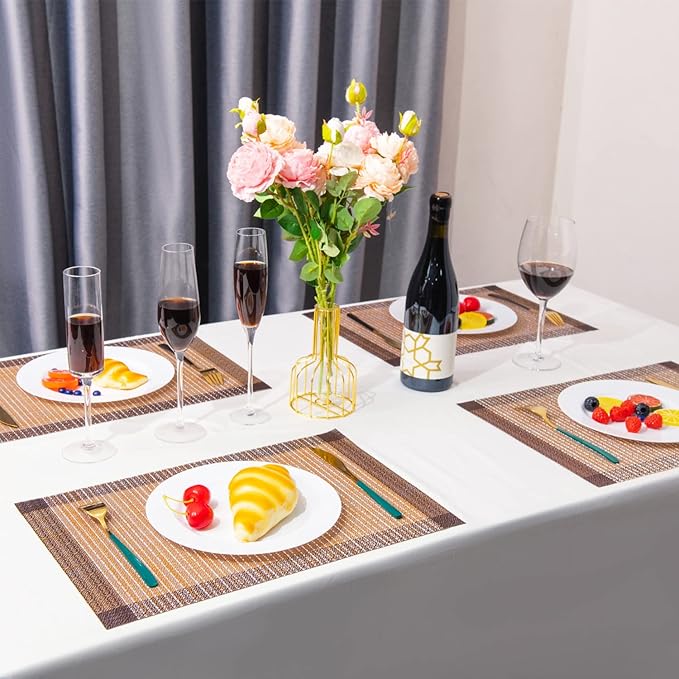 Placemats,PlasticVinyl Washable Heat-Resistant Durable PVC Non-Slip Woven for Kitchen Dining Table Mats (Set of 4, Coffee Gold Silver)