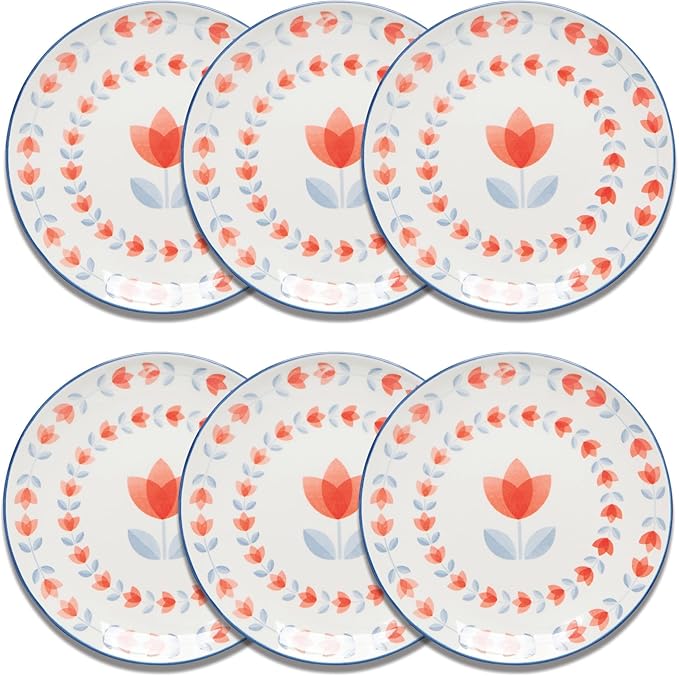 Now Designs Tulip Porcelain Stamped Appetizer Plate, 6 inch, Set of 6