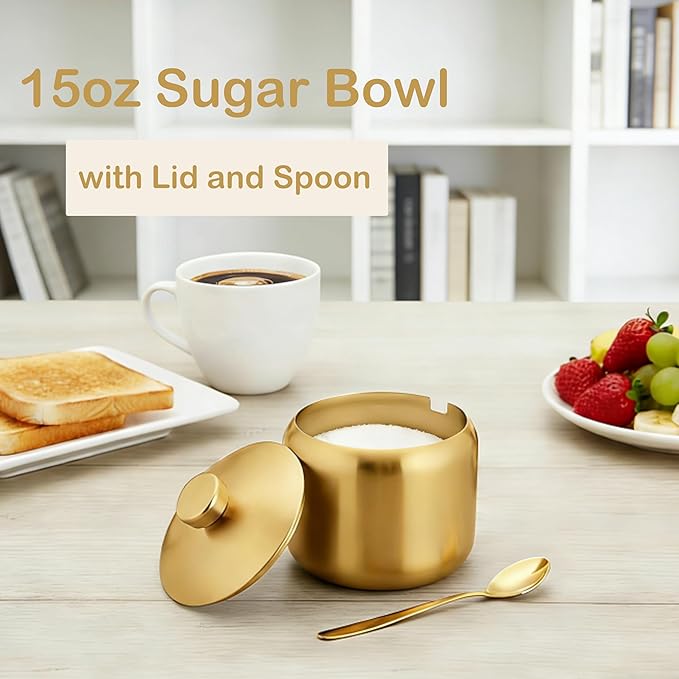 15oz Stainless Steel Sugar Bowl Includes lid and spoon. Elegant modern sugar jar with gold finish, durable sugar container for coffee bar accessories and decor. Perfect for home and kitchen storage.
