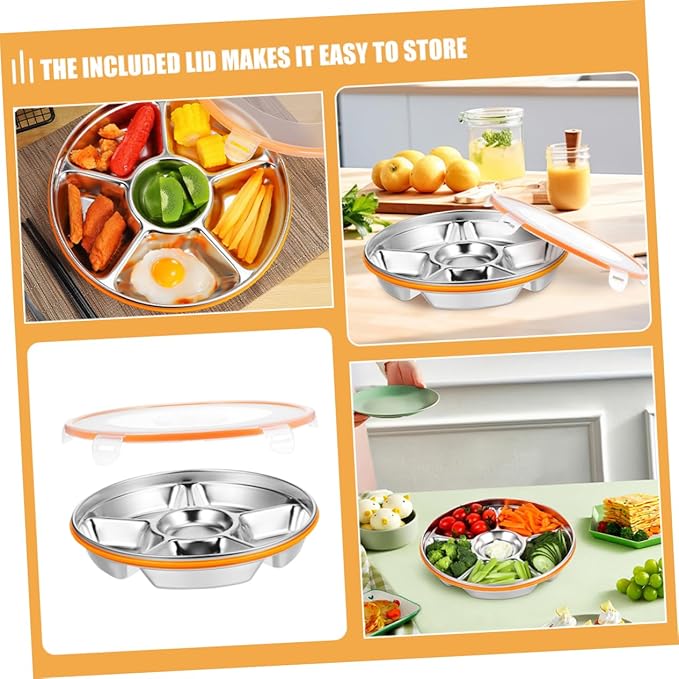 Divided Stainless Steel Serving Tray with Lid Six Compartment Fruit and Veggie Platter Easy Clean Snack Organizer for Family Meals Picnics and Office Lunches