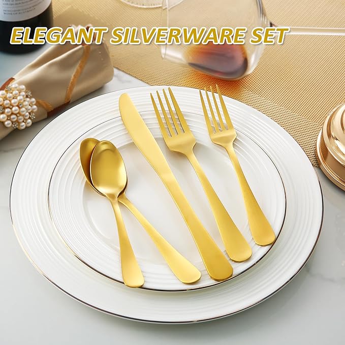 Gold Silverware Set, Lorena 20 Piece Golden Cutlery Set Gold Utensils Set Stainless Steel Flatware Kitchen Utensils Set Silverware Set, Include Fork Knives Spoons for Home Restaurant Hotel