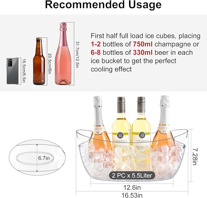 Ice Buckets for Parties 2 Packs,Ice Bucket Bowls of 2pcs with Scoops&Metal Wine Bottle Opener,5.5L Large Acrylic Ice Champagne Buckets Tub for Parties,Mimosa Bar Supplies,Beer,Beverage&Drinks