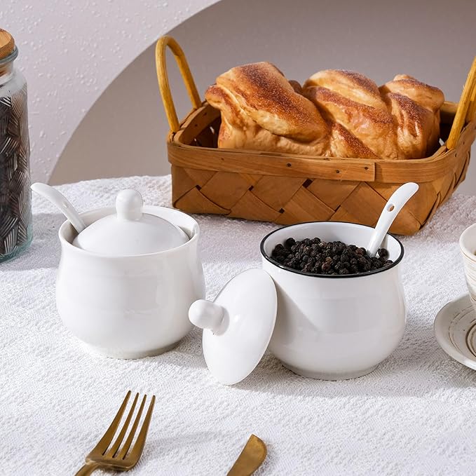 7oz Farmhouse White Ceramic Sugar Bowl with Lid and Spoon Salt Container Jar for Coffee Table Porcelain Condiment Pot for Seasoning with Black Rim