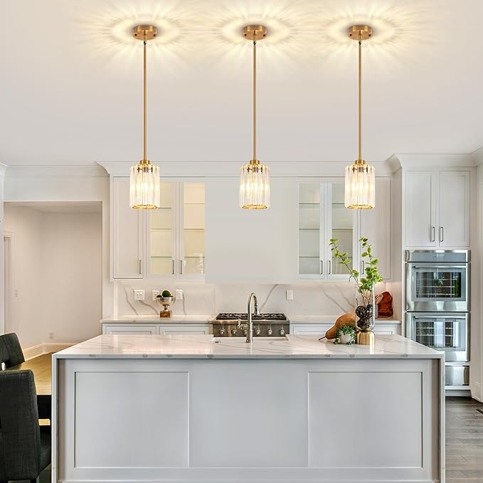 Gold Pendant Lights Kitchen Island, Modern Crystal Pendant Light Fixtures, Kitchen Hanging Lights Mini Chandelier Pendant Lighting for Island Dining Room Hallway Bedroom