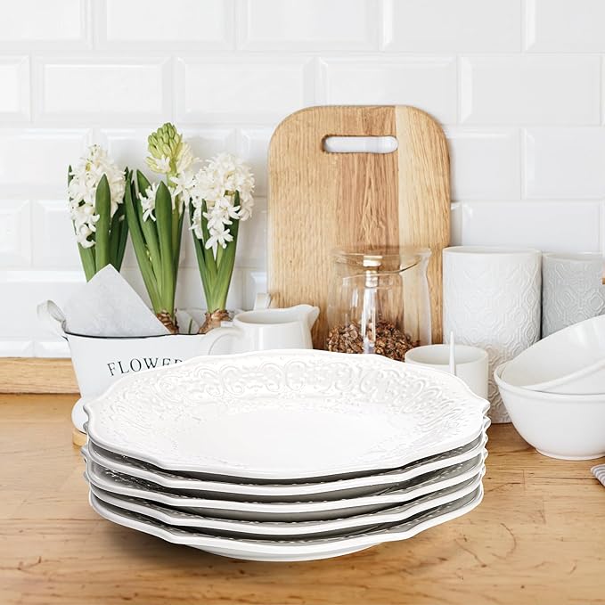 SOUJOY Set of 6 Porcelain Dinner Plate, 10'' Embossed Salad Plates, White Dessert Serving Plates for Steak Appetizer, Kitchen Plates for Restaurant, Family Party, Dishwasher Microwave Safe