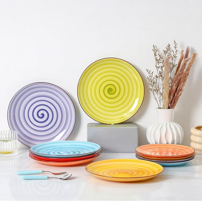 KitchenTour Ceramic Dinner Plates, 8 Inch Colorful Salad Plates Set of 6, Serving Plates for Dessert, Pasta, Steak, Dishwasher and Microwave Safe