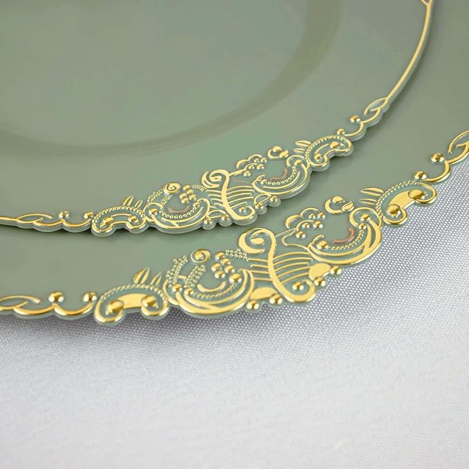 10" Dinner Plates -Set of 20 - Plastic Dusty Sage Green Round Baroque Disposable Chargers Leaf Embossed Rim, Ideal for Dinner Party Wedding Bulk Events