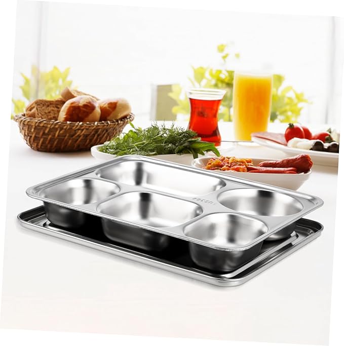 Stainless Steel Divided Dinner Plate with Five Food Serving Tray for Adults for Camping Picnics and Everyday Use