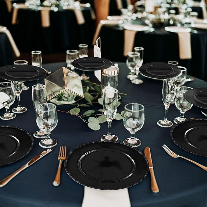 50 Pcs Black Charger Plates Round Charger Plates13 Inch Bulk Wedding Dinner Elegant Reusable Plastic Chargers Plates Wedding Holiday Party Baby Shower Event Decoration (Black)