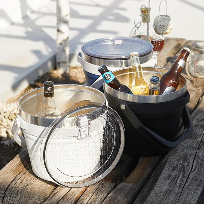 COKTIK 7L Vacuum Insulated Ice Bucket with Lid and Scoop& Tongs,Large capacity Stainless Steel Beverage Bucket for Cocktail, Champagne, Wine, Beer,Large Parties(Milk White Suit)