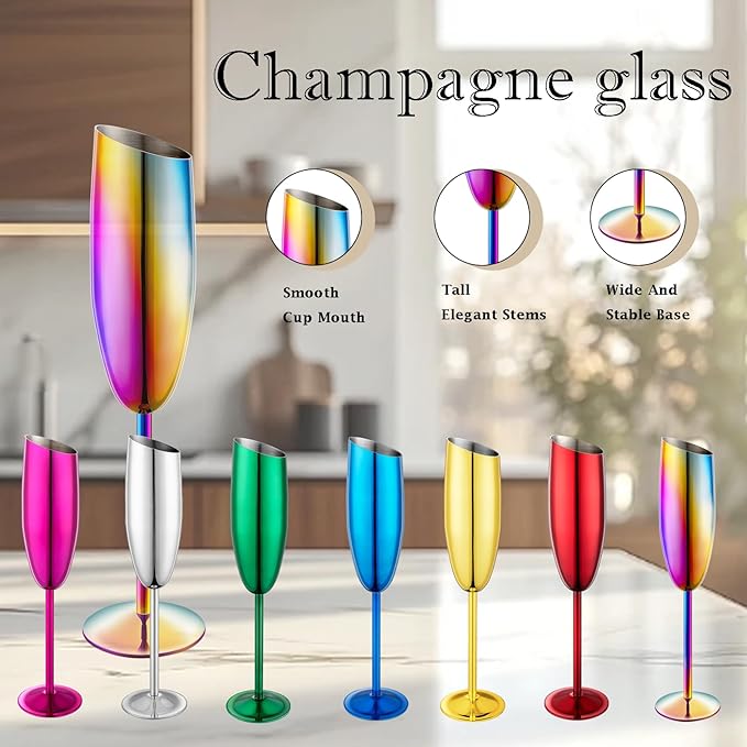 Champagne Flutes Set of 2, Premiumty Stainless Steel High Footed Champagne Glasses, 7oz Capacity,Unbreakable Slanted Champagne Glasses