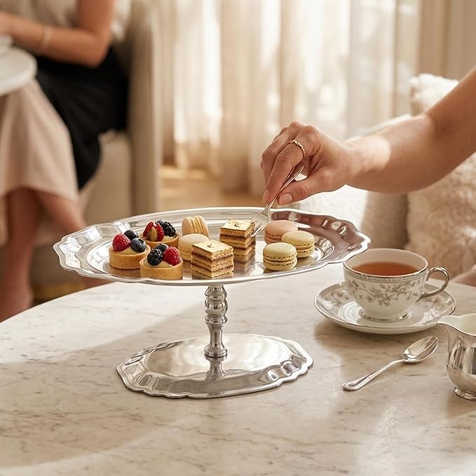 Elegant Oval Silver Serving Tray with Footed Base, 304 Stainless Steel Display Serving Platter for Desserts, Fruit, Snacks