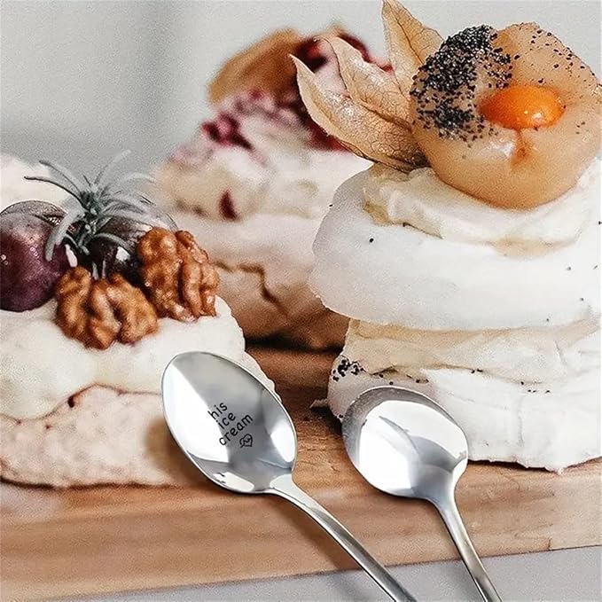 Engraved Ice Cream Spoon Gifts for Couple on Anniversary, 2 Pcs Personalized Coffee Spoon Stainless Steel, Couple Gifts for Him and Her on Valentines Day (scoop, his/her ice cream)