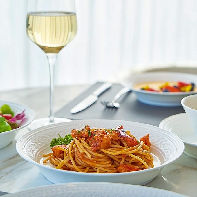 High-End Dinner Set,Ceramics Dinner Set,Pure White Relief Light Luxury 32 Pieces Bone China Dinnerware Sets | European Style Porcelain Steak Plates and Cereals Bowls for,