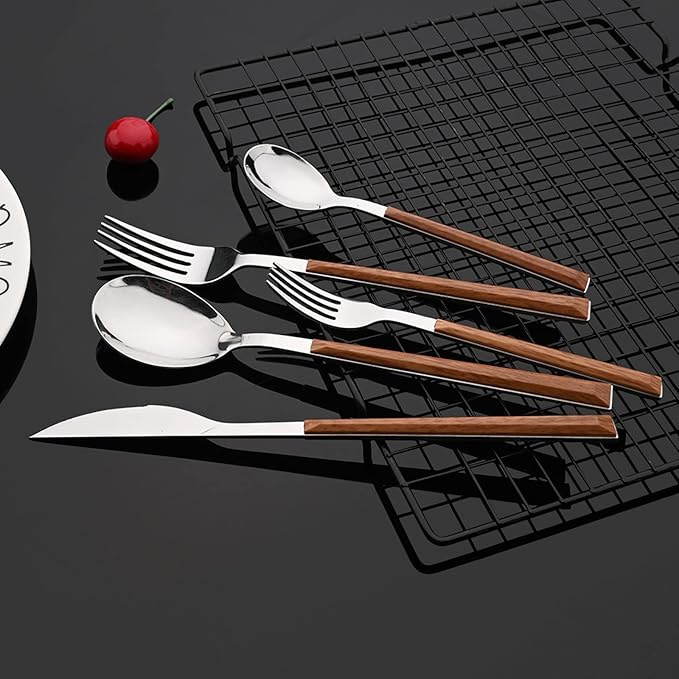 JASHII 30-Piece/6 Sets Wood Flatware Set, Premium Shiny Silver Stainless Steel Cutlery Set, Wooden Square Handle Flatware Dinner Knife Fork Spoon Set, Mirror Polished