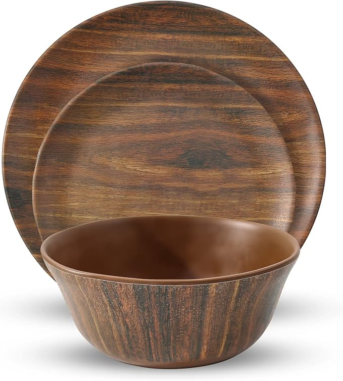 TP 12-Piece Dinnerware Set, Melamine Dishes Set with Bowls and Plates, Non-breakable and Lightweight Dinner Service for 4, Wood Grain