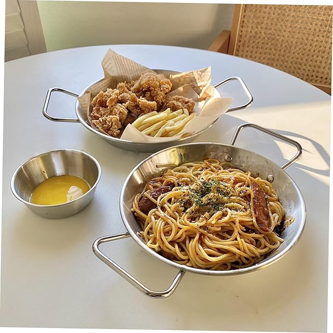 Healifty Stainless Steel Snack Serving Tray with Double Handles Fried Food Plate for Home Restaurant and Catering Use Easy to Clean Smooth Surface Design