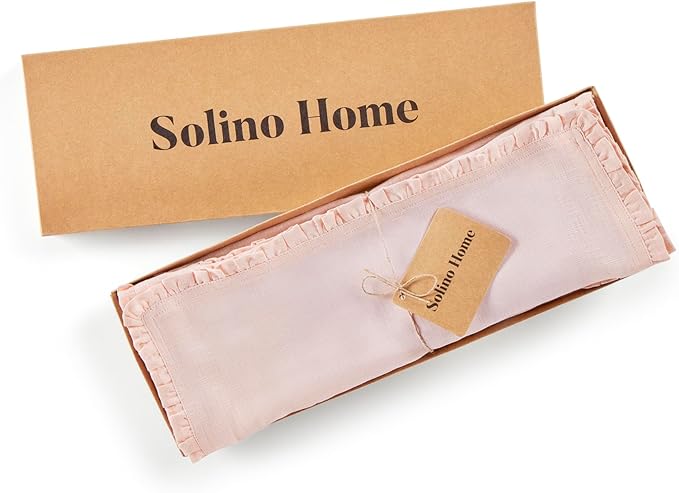 Solino Home Peach Cloud Linen Placemats 14 x 19 Inch - 100% Pure Linen Juliette Ruffle Placemats Set of 4 - Handcrafted and Machine Washable Table Mats