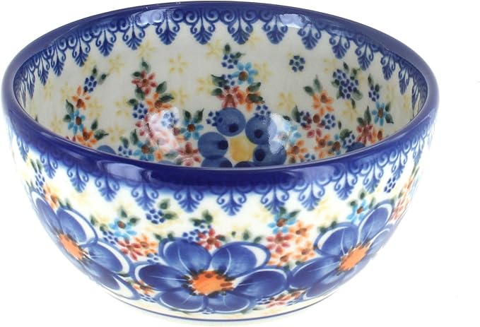 Blue Rose Polish Pottery - Blue Dahlia Dessert Bowl - 5" Diameter - Perfect Bowl for Desserts, Appetizers, and Snacks