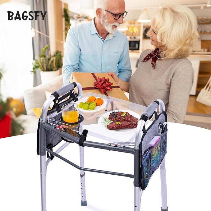 BAGSFY Clear View Walker Tray with Cup Holder & Side Pockets, Transparent Folding Walker Table for Seniors, 8.8lbs Load-Bearing Sturdy PP Tray, Universal Fit Walker Accessory for Elderly