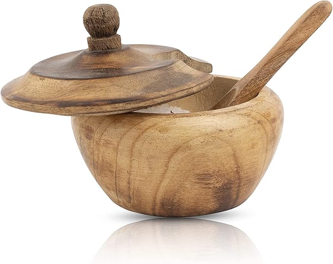 Decorative Rustic Wooden Sugar Bowl & Spoon With Lid Wide Mouth Candy Treat Jar Spice Jar Holder Condiment Nuts Serving Bowl Pot Salt Spice Herb Loose Leaf Tea Storage Container Novelty Home & Kitchen