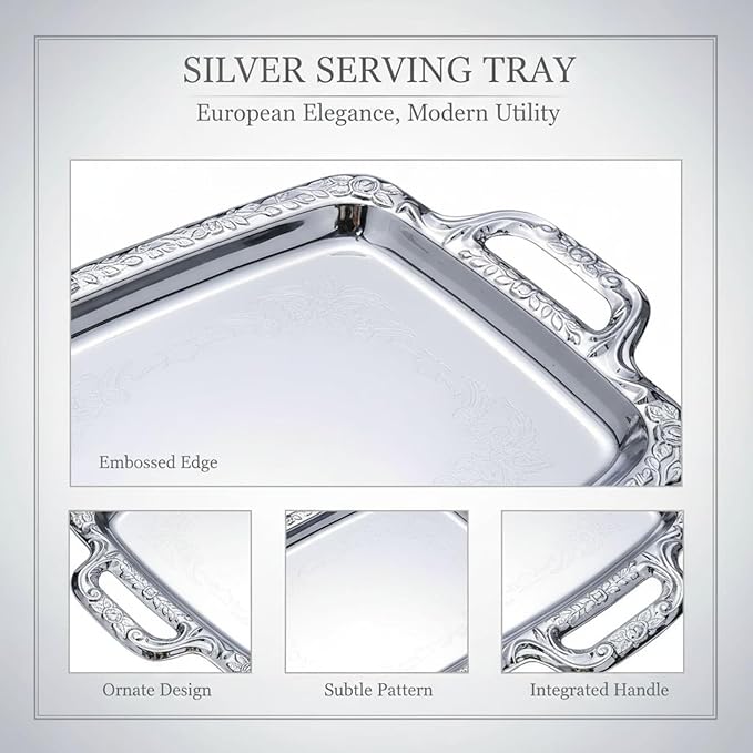 16.1 in Silver Serving Tray, European Style Stainless Steel, with Handles, Metal Ottoman Tray for Coffee Table and Parties, Decorative Food Serveware