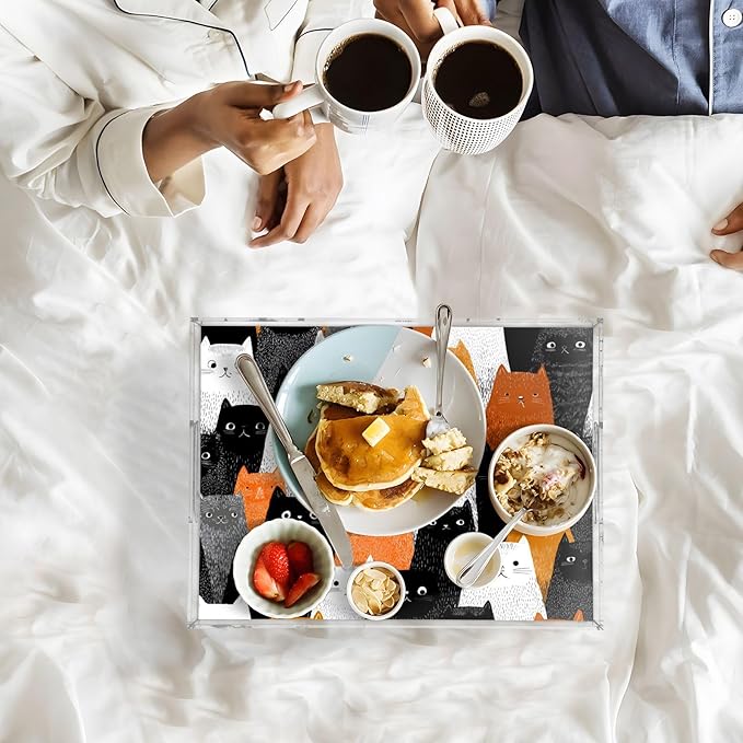 Serving Tray with Handles Clear Acrylic Tray 12x16 Inch Decorative Rectangular Tray Organizer for Ottoman Coffee Table Bathroom Black and White Orange Cat