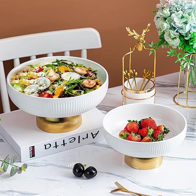 Ceramic Fruit Bowl,11-Inch Large Decorative Bowls,White Pedestal Tray and Gold Base, Fruit Bowl for Kitchen Counter, Bread and Fruit Trays,Salad or Dessert Display Trays for Parties. (XL)
