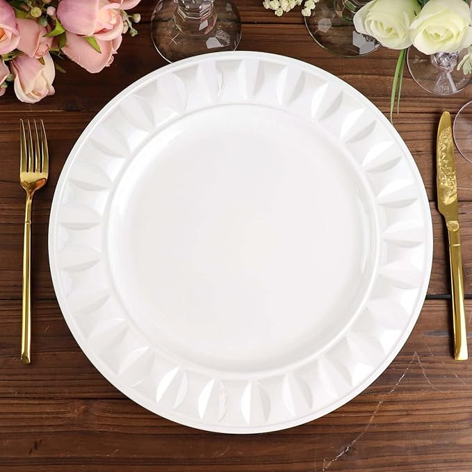 Efavormart 6 Pack | 13" White Round Bejeweled Rim Plastic Dinner Serving Trays, Disposable Charger Plates