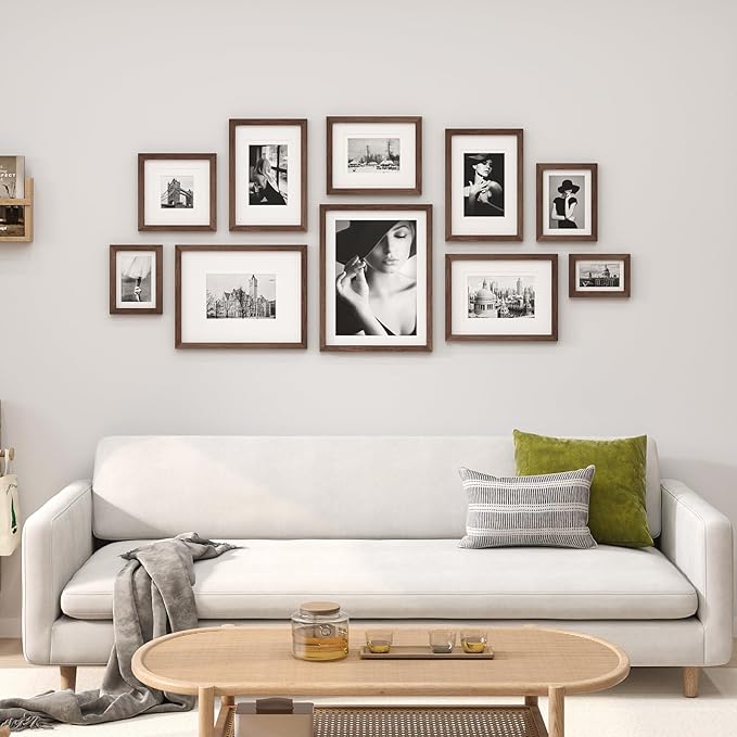 Egofine 4x6 Picture Frames Set of 4, Made of Solid Wood Covered by Plexiglass 3x4.5 and 3.5x5 with Mat or 4x6 without Mat, for Table Top Display and Wall Mounting Photo Frame Brown