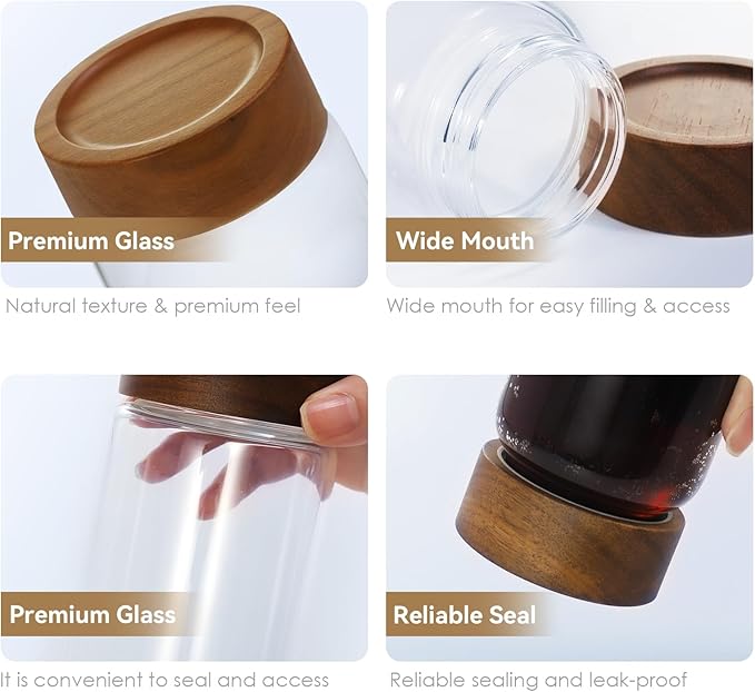 2-Piece 10 fl oz Food-Grade Glass Mason Jars with Sturdy Acacia Wood Lids, Sealable Waterproof, Transparent Easily Stackable for Spices, Seasonings & Snack Organizin