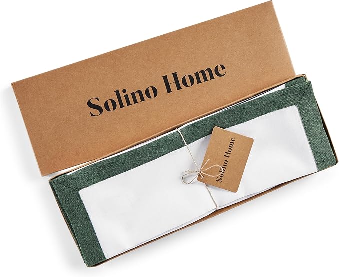 Solino Home Linen Placemats Set of 4 - Forest Green and White Placemats 14 x 19 Inch - 100% Pure Linen Table Place Mats for Winter, Christmas - Classic, Handcrafted and Machine Washable