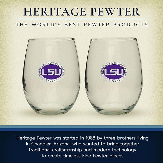 Heritage Pewter LSU Tigers Stemless Glass Goblets β Set of 2 | 15 OZ Goblet Wine Glasses | Expertly Crafted Pewter Glass