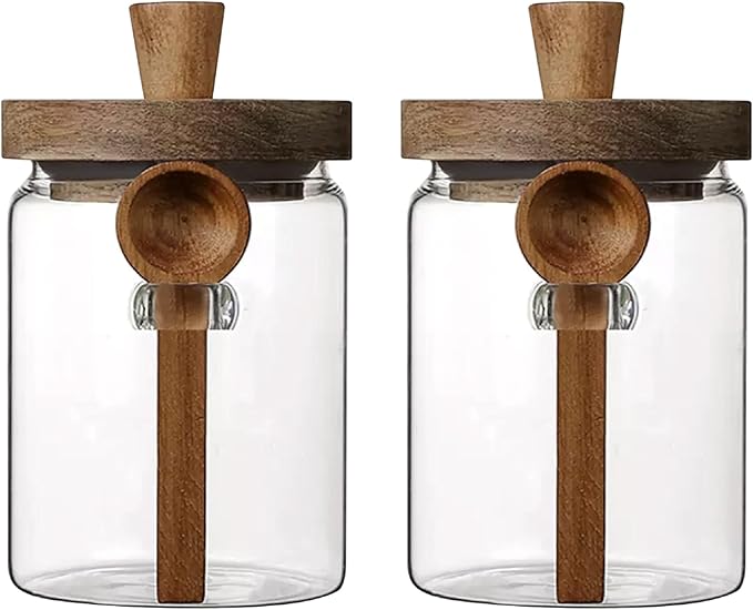 Glass Food Storage Jar with Acacia Wooden Lid and Spoon, Airtight Container for Cereals, Cookies, Snacks, Kitchen Canister Set (2 Pcs, Medium/20oz)
