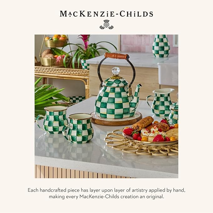 MACKENZIE-CHILDS Enamel Lidded Sugar Bowl, Small Serving Bowl with Lid, 10-Ounce Capacity, Green-and-White Emerald Check