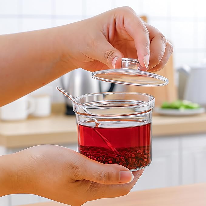 8 Pieces Clear Acrylic Sugar Bowl, 7.1 oz Seasoning Box, Condiment Pots with Spoon and Lid, Sugar Spice Salt Canister for Home Kitchen, Coffee Bar, Restaurant