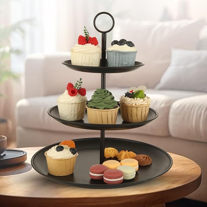 2 Pack Black Cupcake Stands, Large Stainless Steel 3 Tier Serving Tray, Tiered Dessert Stand Cup Cake Tower for Party, Birthday, Wedding