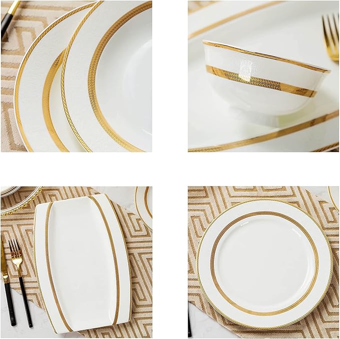Gold Rim Ceramic Tableware Set Handmade Modern White China Ceramic L Tableware Set Suitable for Family Hotel Restaurant 60 Piece
